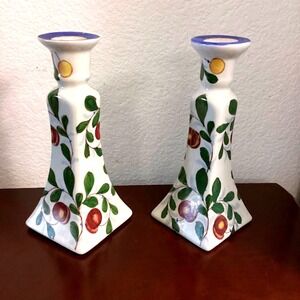 Vintage1970 Zhongguo Zhi Chinese Hand Painted Vines Candle Holder Set